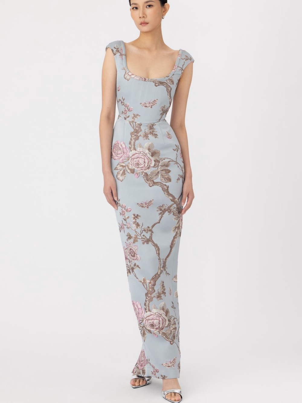 SAU LEE Brooke Floral Brocade Column Gown in Blue Ash